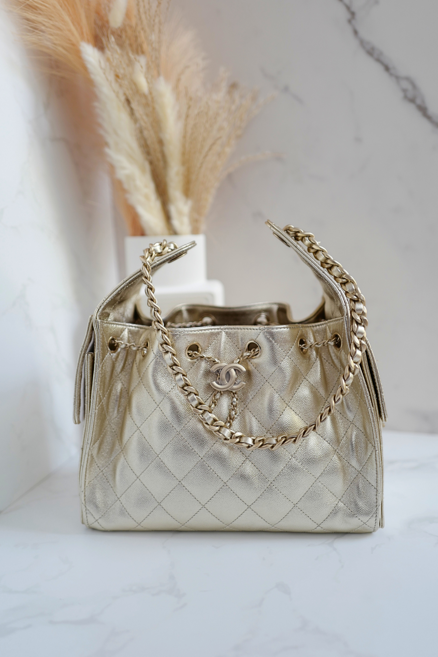 NEW Chanel 25A Small Hobo Bag Light Gold Caviar Leather LGHW