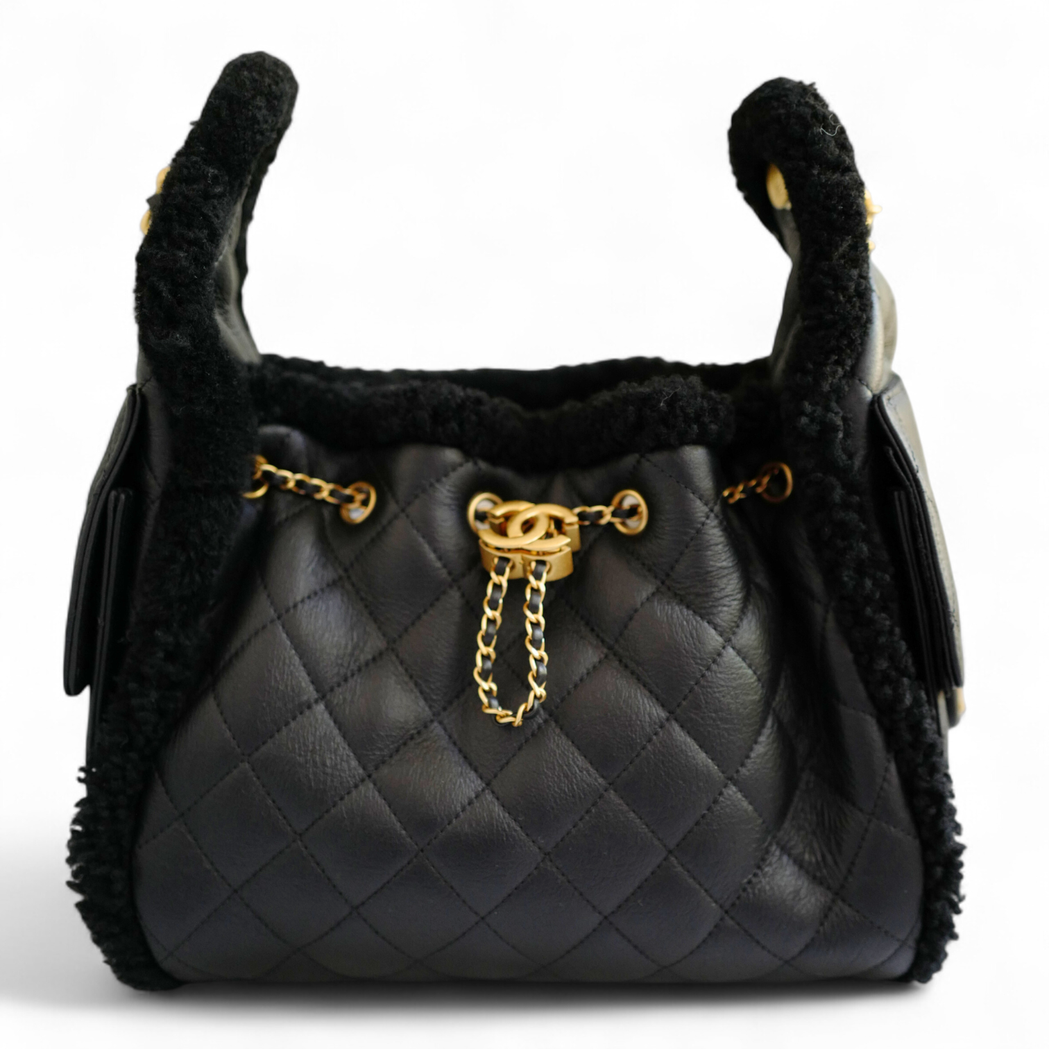 Chanel 25K Small Hobo Bag in Black Shearling and Calfskin Leather Gold Hardware