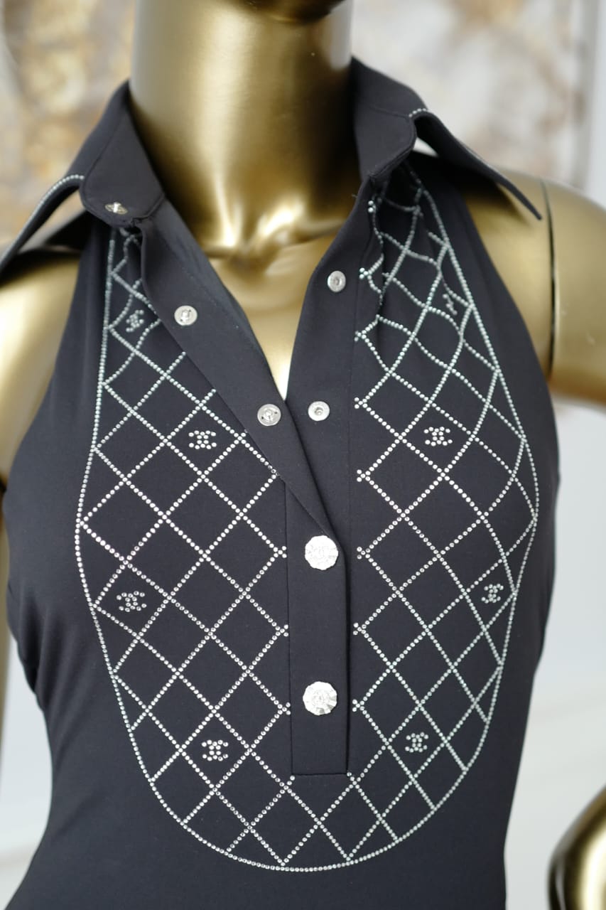 Chanel 23C Black Crystal Collar CC Logo One Piece Swimsuit Runway Bathing 36