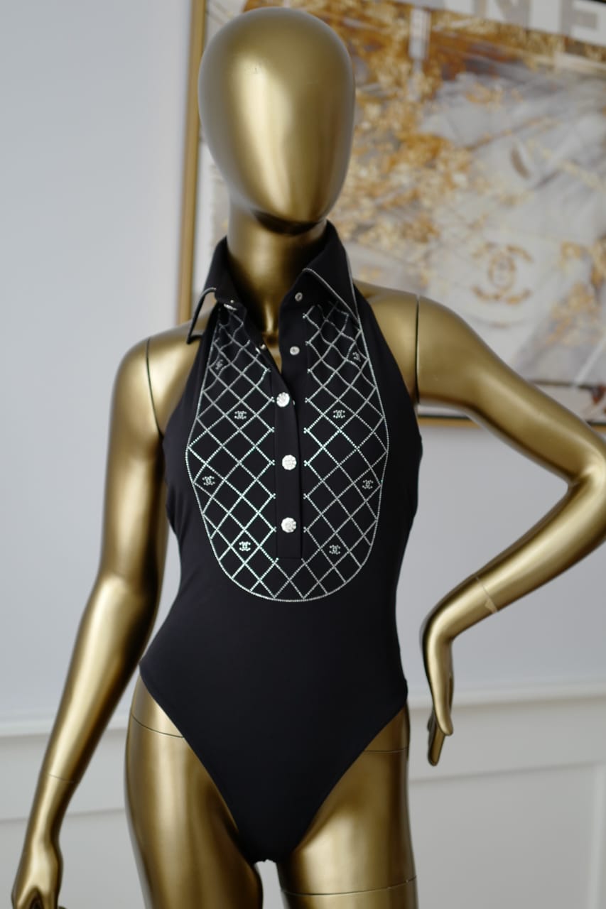 Chanel 23C Black Crystal Collar CC Logo One Piece Swimsuit Runway Bathing 36
