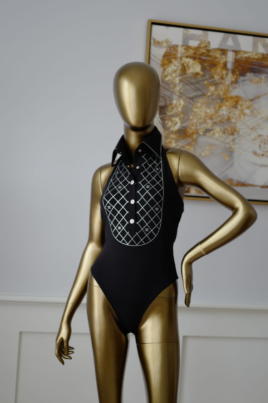 Chanel 23C Black Crystal Collar CC Logo One Piece Swimsuit Runway Bathing 36