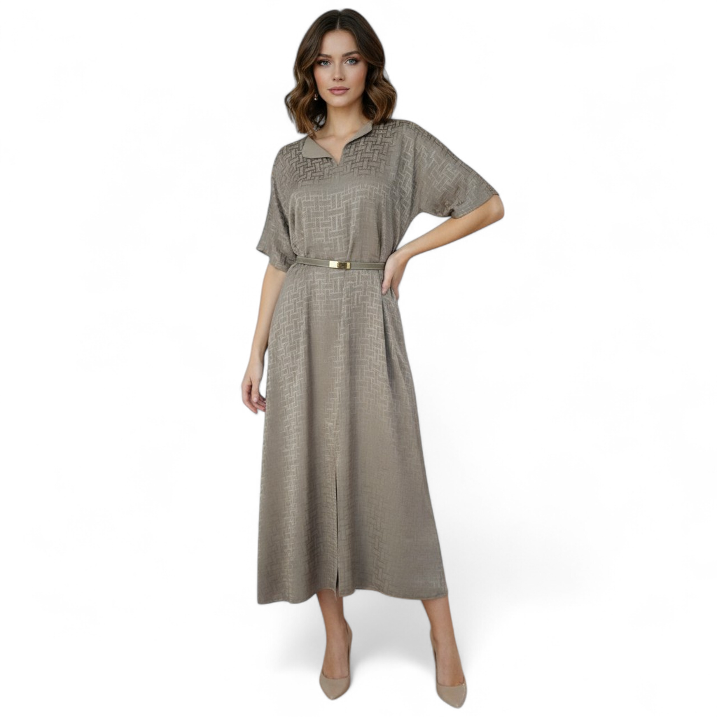 NEW Hermès Mosaique Belted Caftan Dress in Jacquard Silk Gris Étoupe Size 36