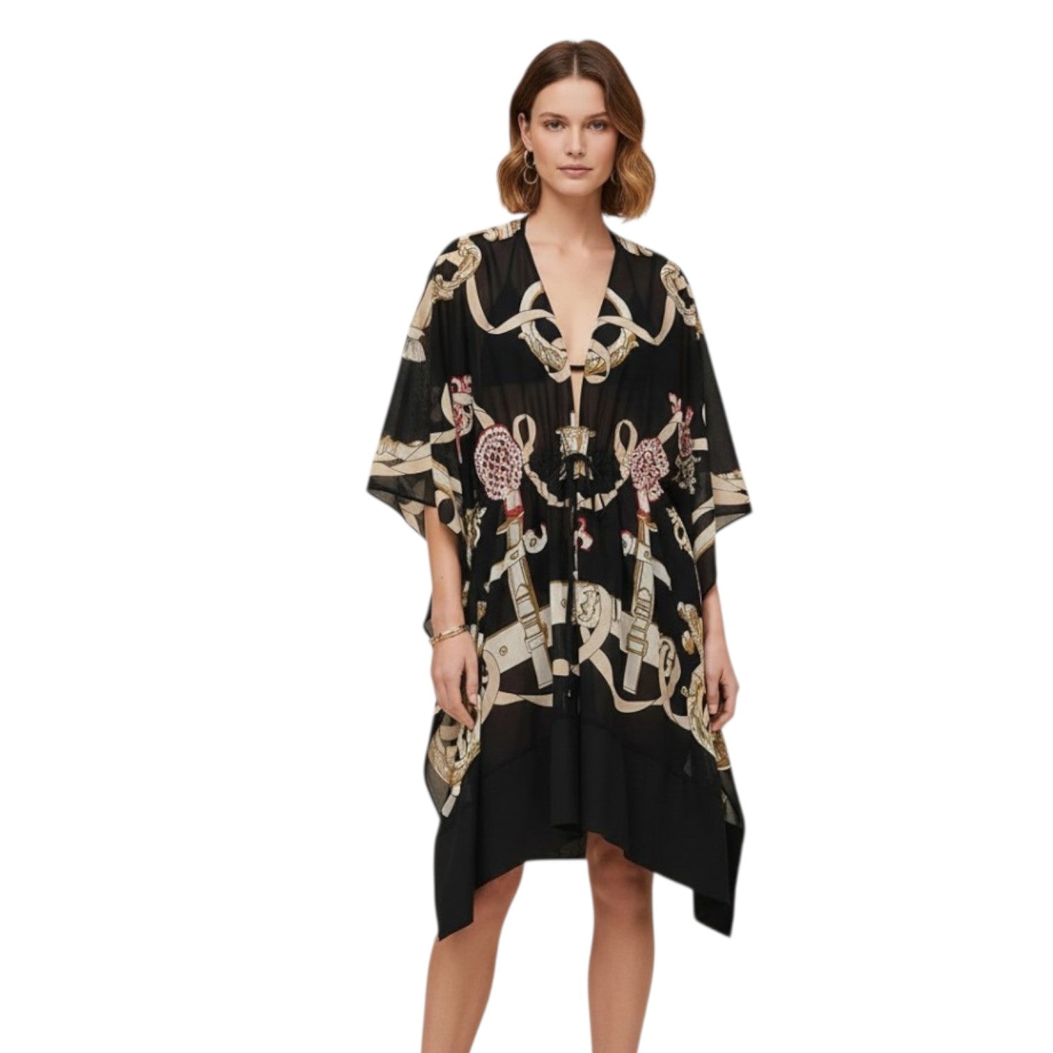 Hermès Woman Beach Caftan "Ferronnerie Remix" in Noir Cotton Voile One Size