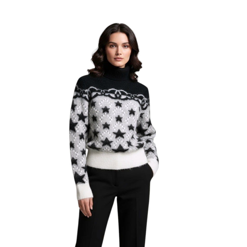 シャネル 18AW ココネージュ COCO NEIGE ウール ニット ノルディック 総柄 カーディガン P59762K07806 ネイビー ホワイト MF168 38【中古】 NEW Chanel Coco Neige 23N Sweater Pullover Black/White/Grey Size 38