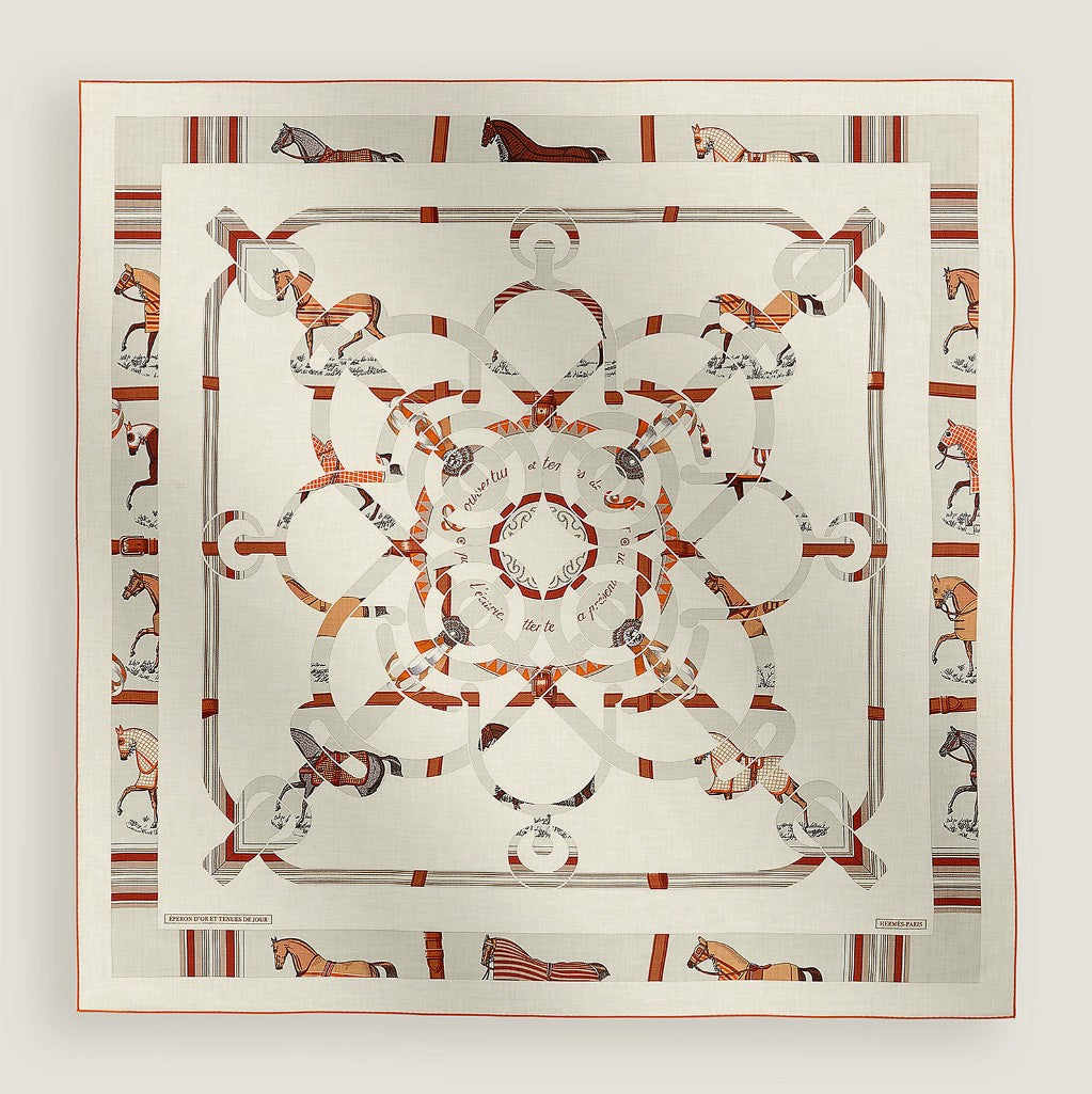 NEW Hermès Eperon d'Or et Tenues de Jour Shawl 140 in Blanc / Caramel / Orange