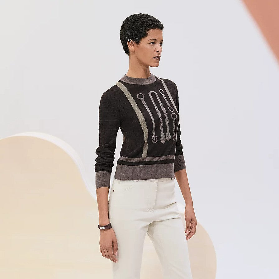NEW Hermès SS25 Long-sleeved “Coaching” Pattern Sweater Marron Fusain - Size 36