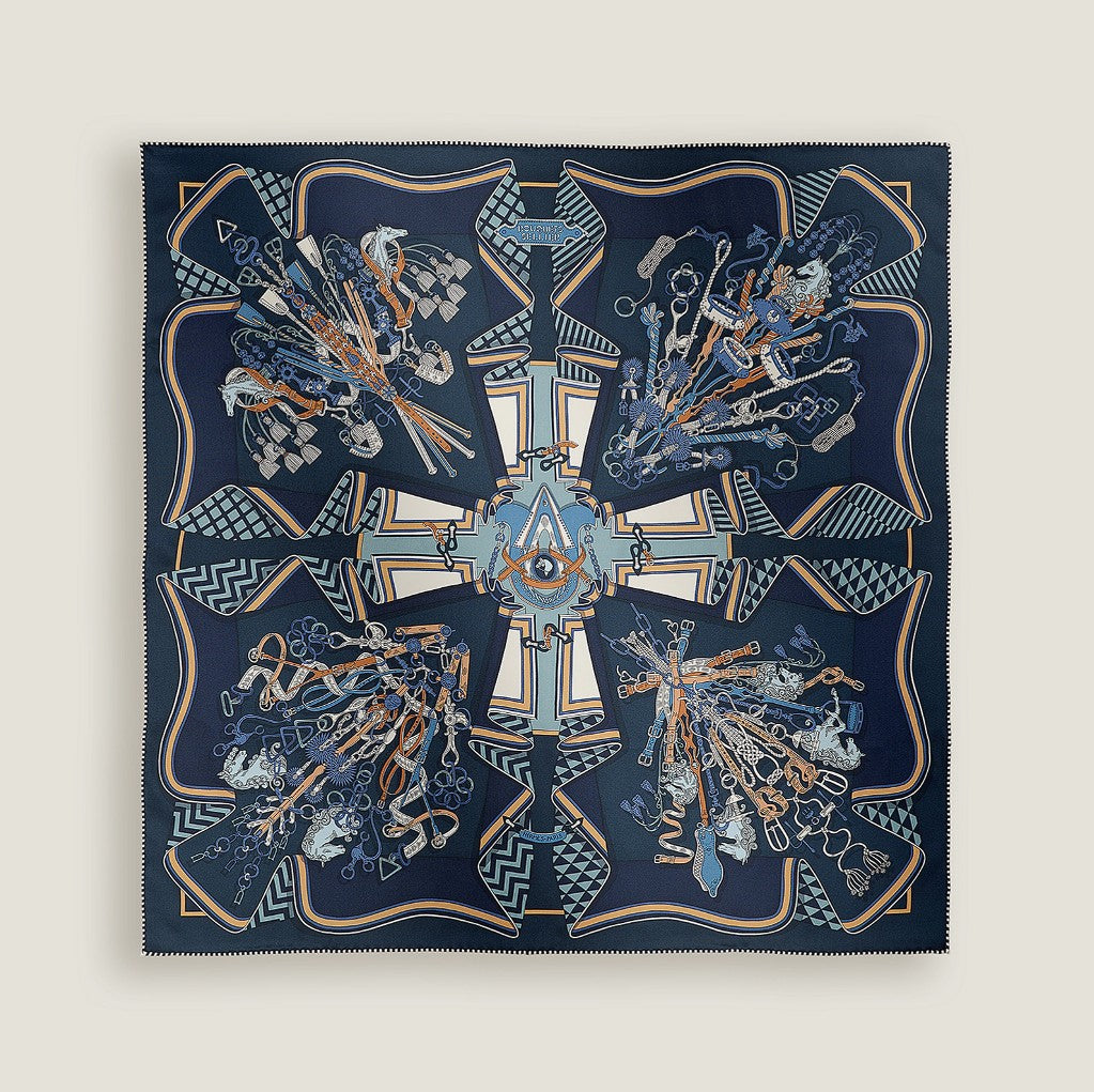 BNIB HERMÈS Bouquets Sellier scarf 70 in Marine / Bleu Jeans / Blanc