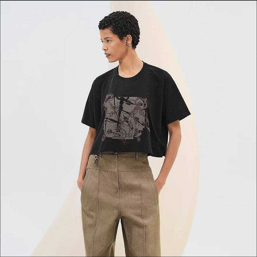 NEW Hermès "Les Clefs" Cropped T-shirt Noir Size 36 SS25