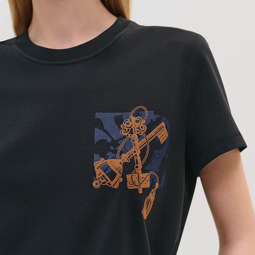 NEW Hermes T-Shirt Cartouche Bleu Noir Size 34
