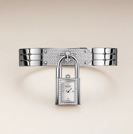 BNIB Hermes Kelly watch, Mini model, 16 mm, Diamond-Set Steel Plate Bracelet
