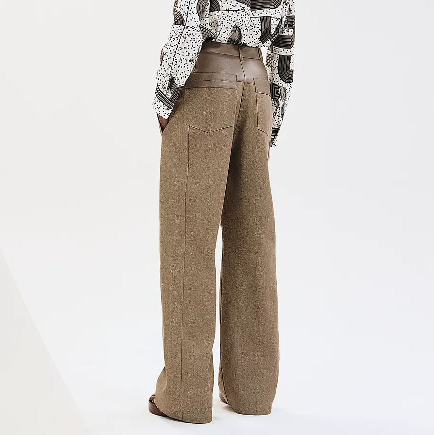NEW Hermès SS25 Loose-Fit Pants with Leather Detail Denim Naturel/Vert - Size 38