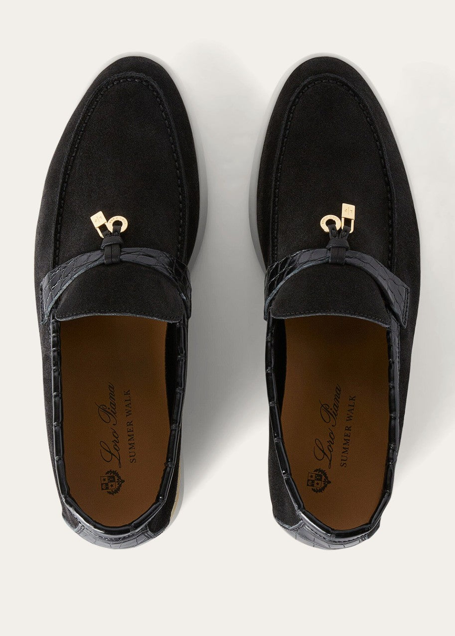 BNIB Loro Piana Summer Charms Walk Loafers In Black Suede Alligator strap Size 37