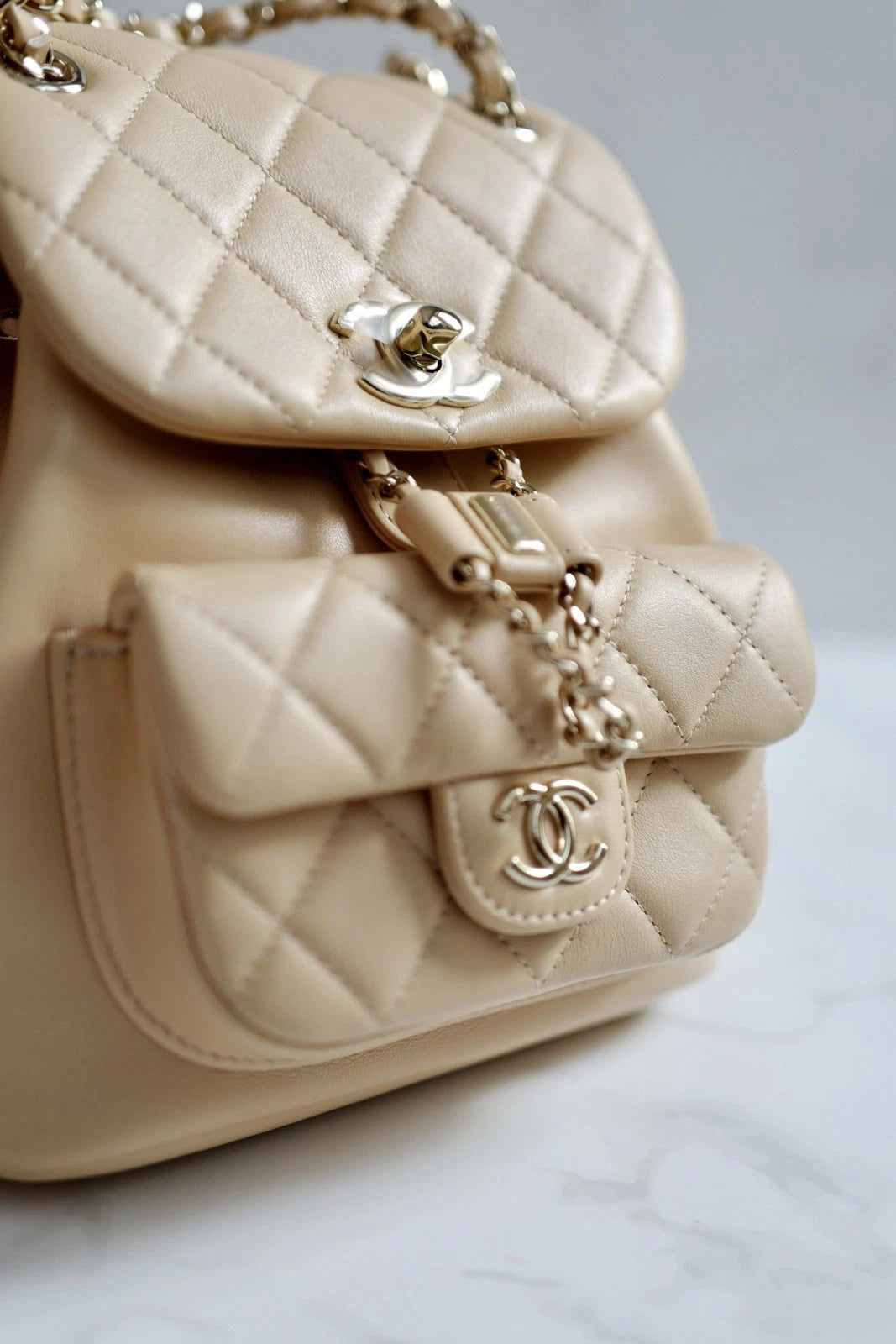 BNIB Chanel Duma Quilted Leather Backpack In Beige With Gold Hardware