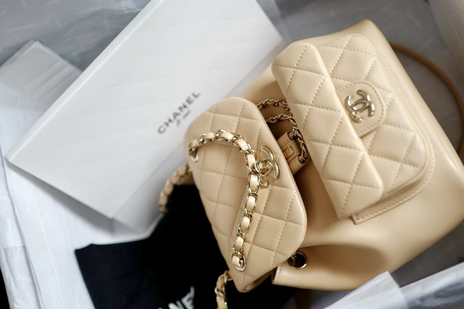 BNIB Chanel Duma Quilted Leather Backpack In Beige With Gold HW