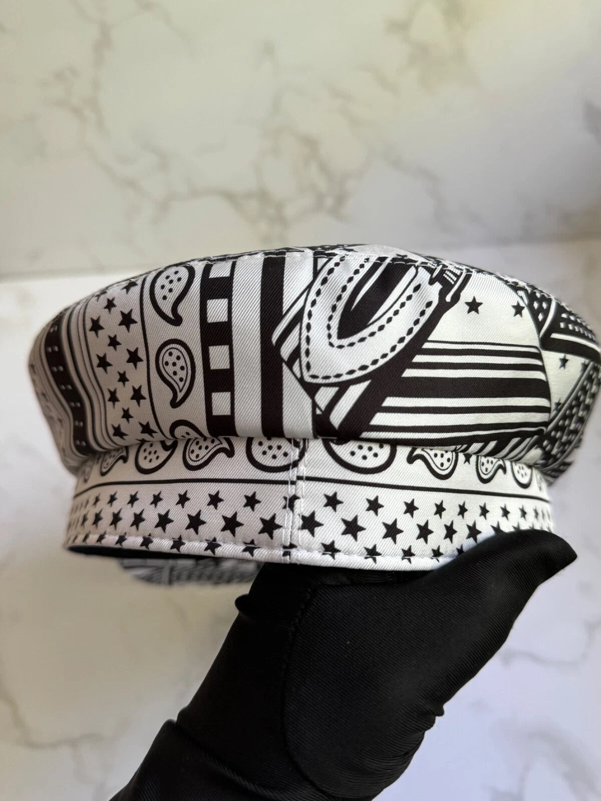 NEW Hermes Women's Deauville Cap Zigzag Printed Silk in Noir 57