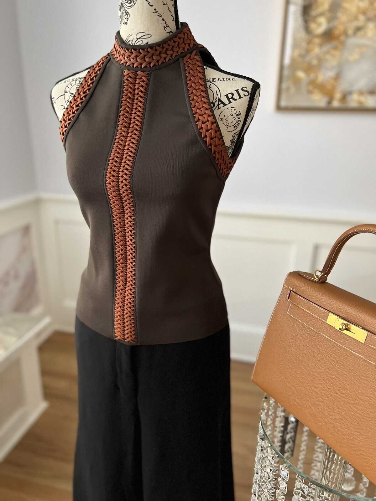 NEW Hermes Pull SS Manches Ennobli U5 Halter Top Maron Ebene Runway SS23 36 $3K
