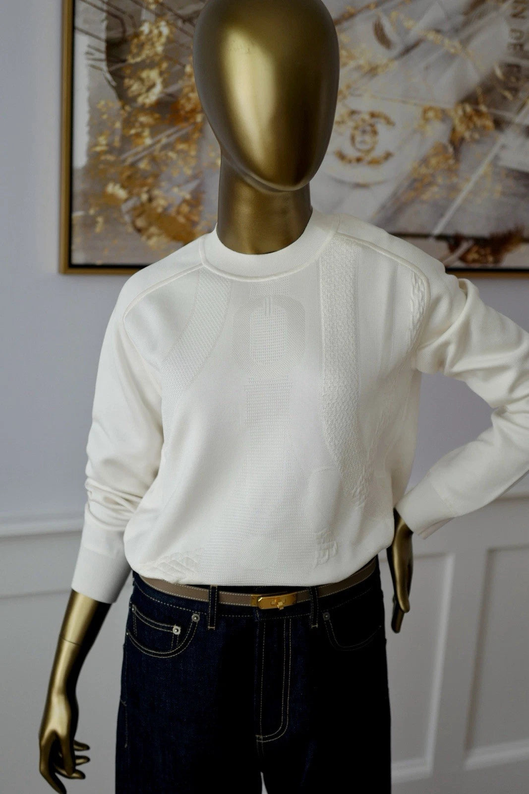 NEW Hermès "Coaching" Long-Sleeve Sweater in Blanc Casse - Size 38