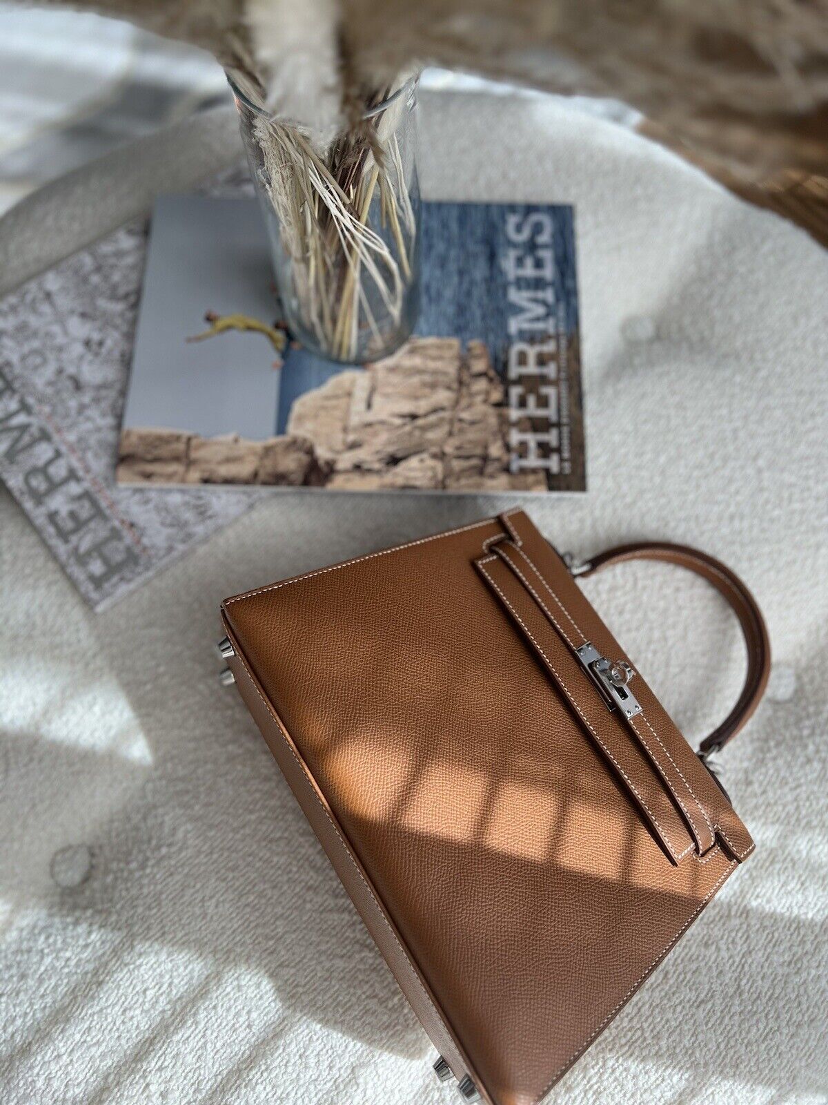 BNIB Hermes Kelly 25 Gold Epsom Sellier Palladium HW Complete Original Rec