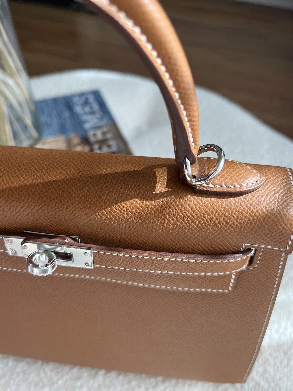 BNIB Hermes Kelly 25 Gold Epsom Sellier Palladium HW Complete Original Rec