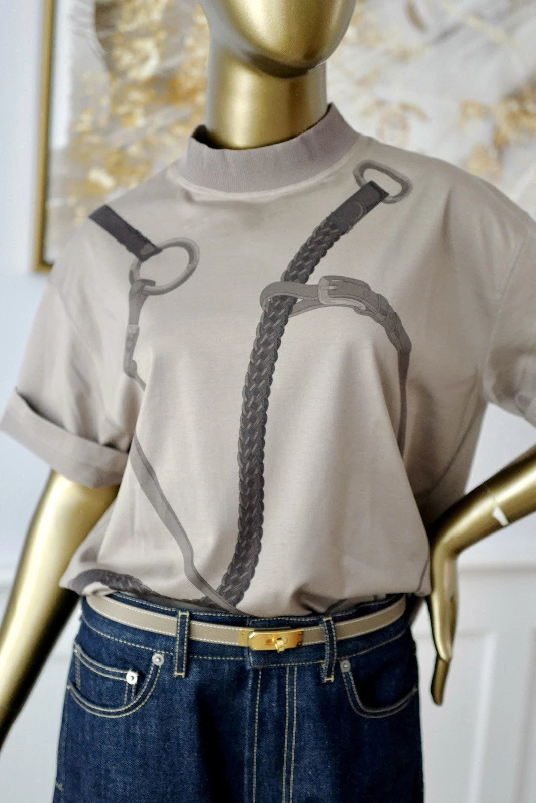 NEW Hermès "Coaching Remix" Boxy-fit T-shirt brun fumé - Size 36