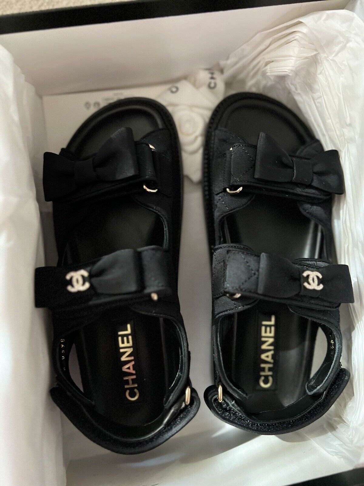 BNIB Chanel Dad Sandal CC Crystals In Black With Bows Size 38 - Limited