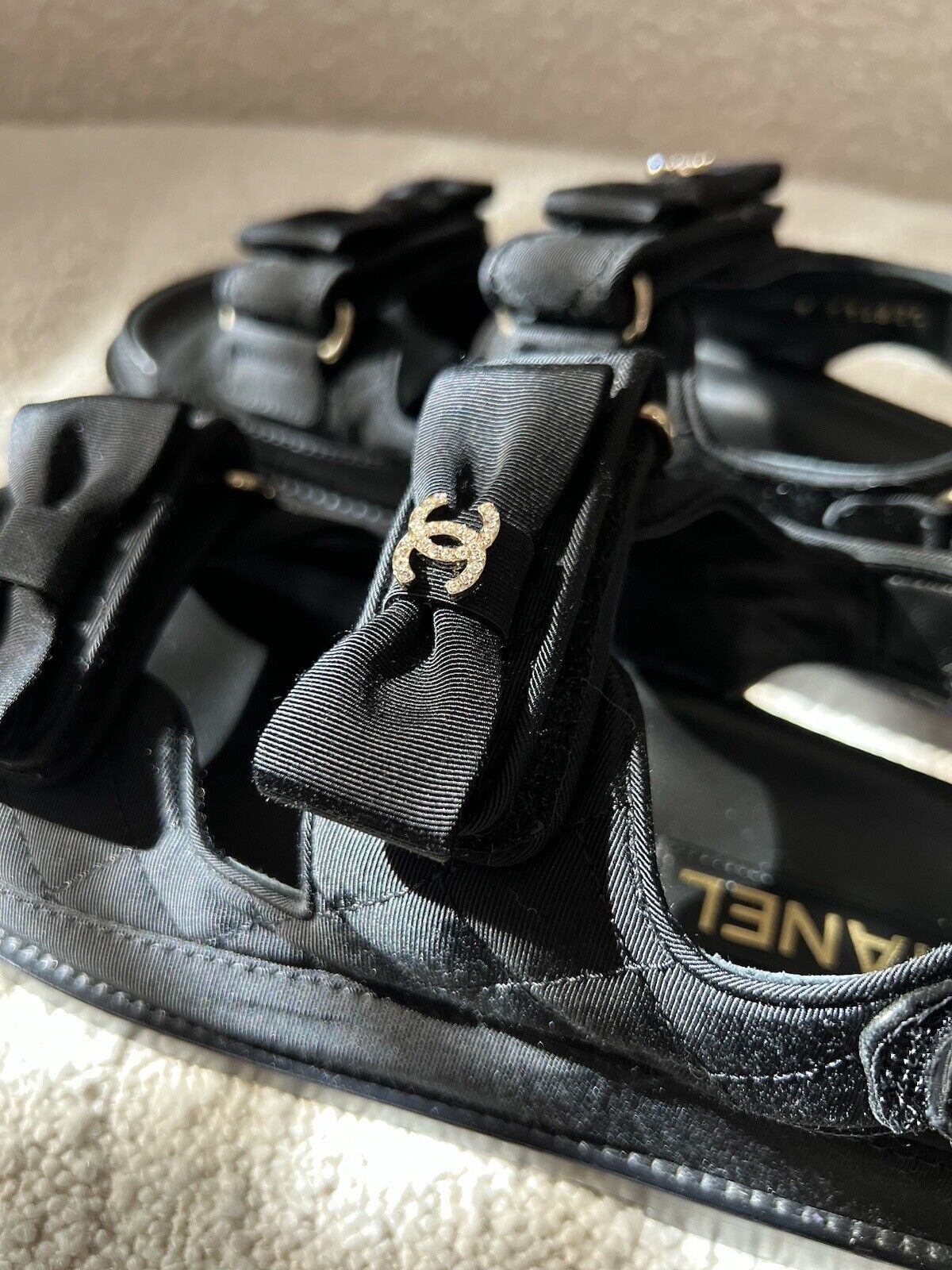 BNIB Chanel Dad Sandal CC Crystals In Black With Bows Size 38 - Limited