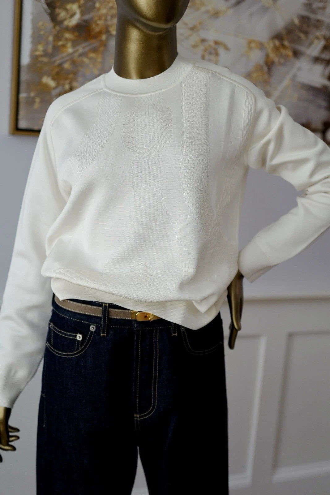 NEW Hermès "Coaching" Long-Sleeve Sweater in Blanc Casse - Size 38