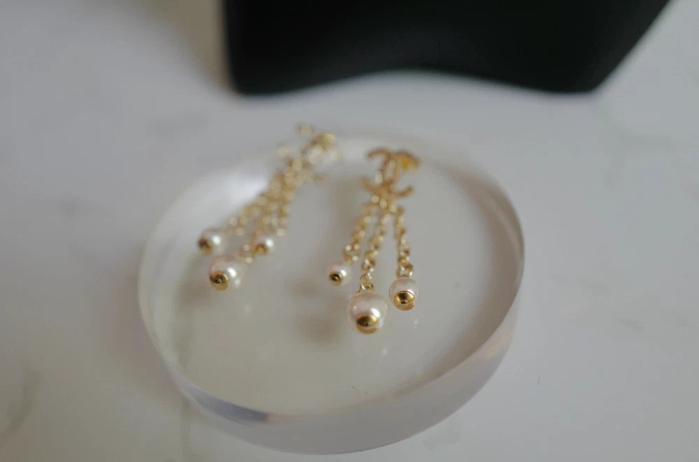Chanel 25B Drop CC Logo Tassel with Pearls Earrings BNIB