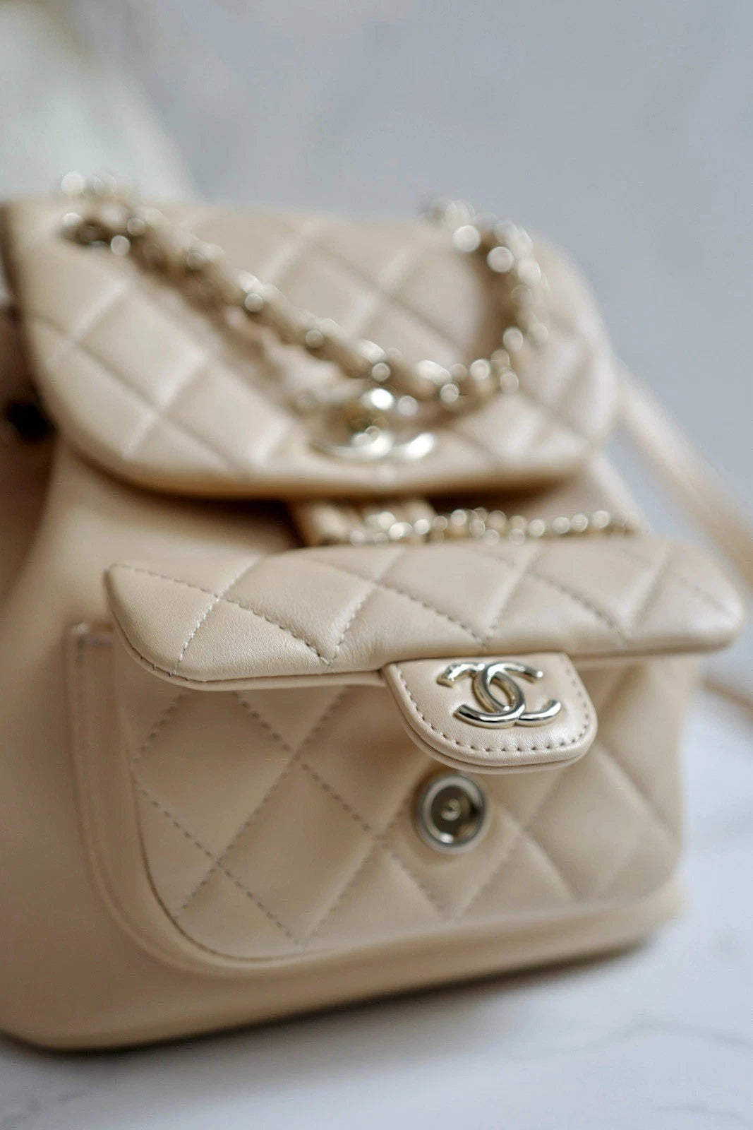 BNIB Chanel Duma Quilted Leather Backpack In Beige With Gold HW