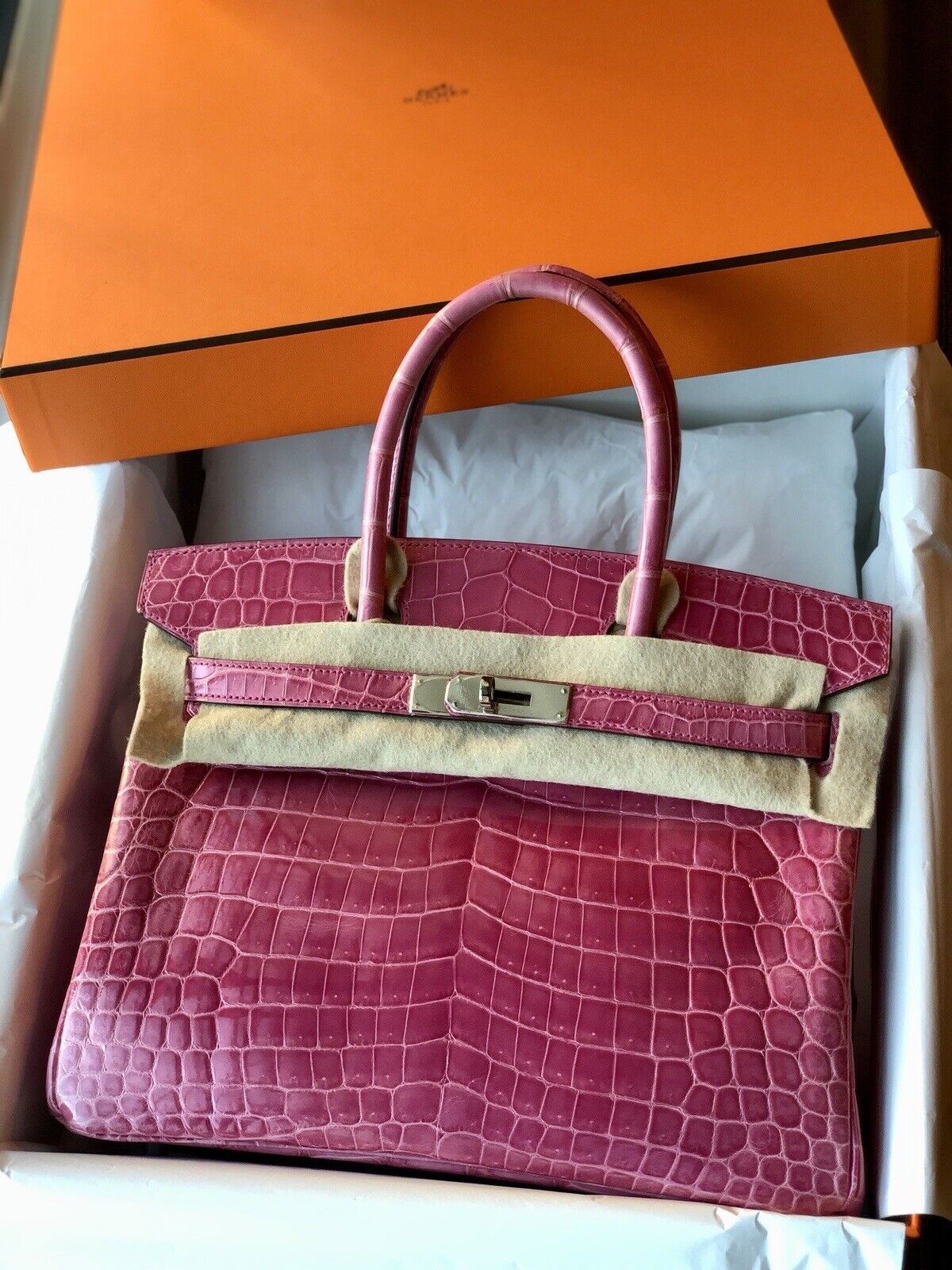 Hermes Birkin 30 Rose Pink Tyrien Shiny Niloticus P Stamp 2012 PHW Complete