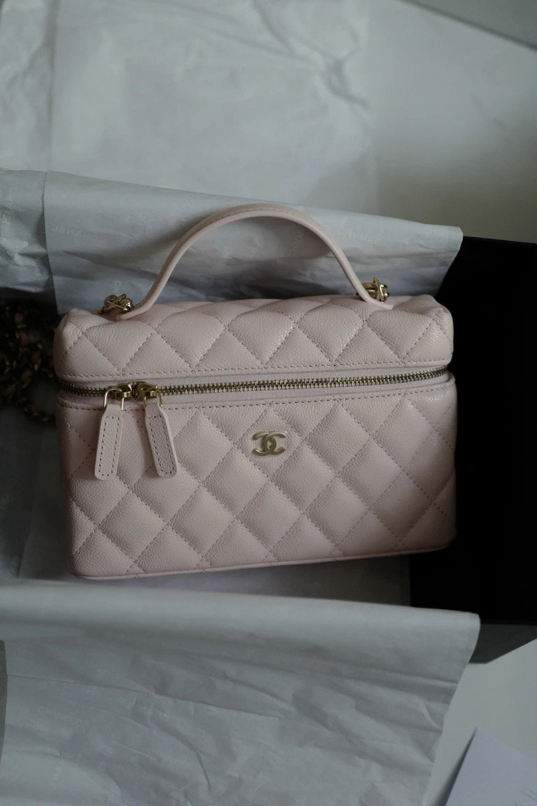 BNIB Chanel 25C Vanity Bag with Chain In Pink Grained Calfskin Leather