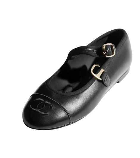 Chanel 25S Black Lambskin Leather Mary Janes Flats Logo With