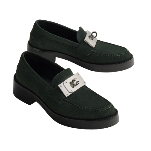 Hermes Hot Loafer In Vert Fonce With Oversized Kelly Buckle 38 BNIB $2K Retail