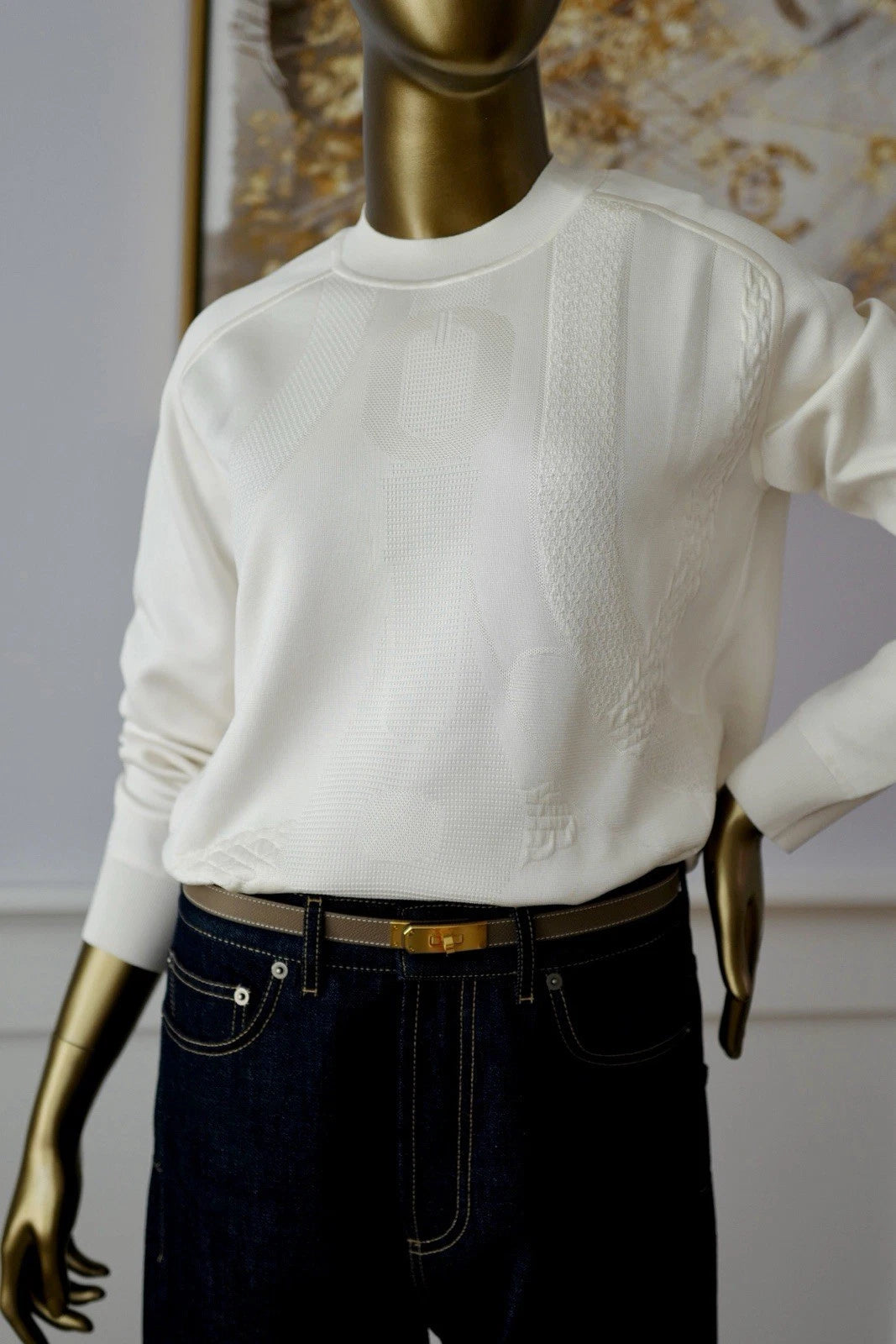 NEW Hermès "Coaching" Long-Sleeve Sweater in Blanc Casse - Size 38