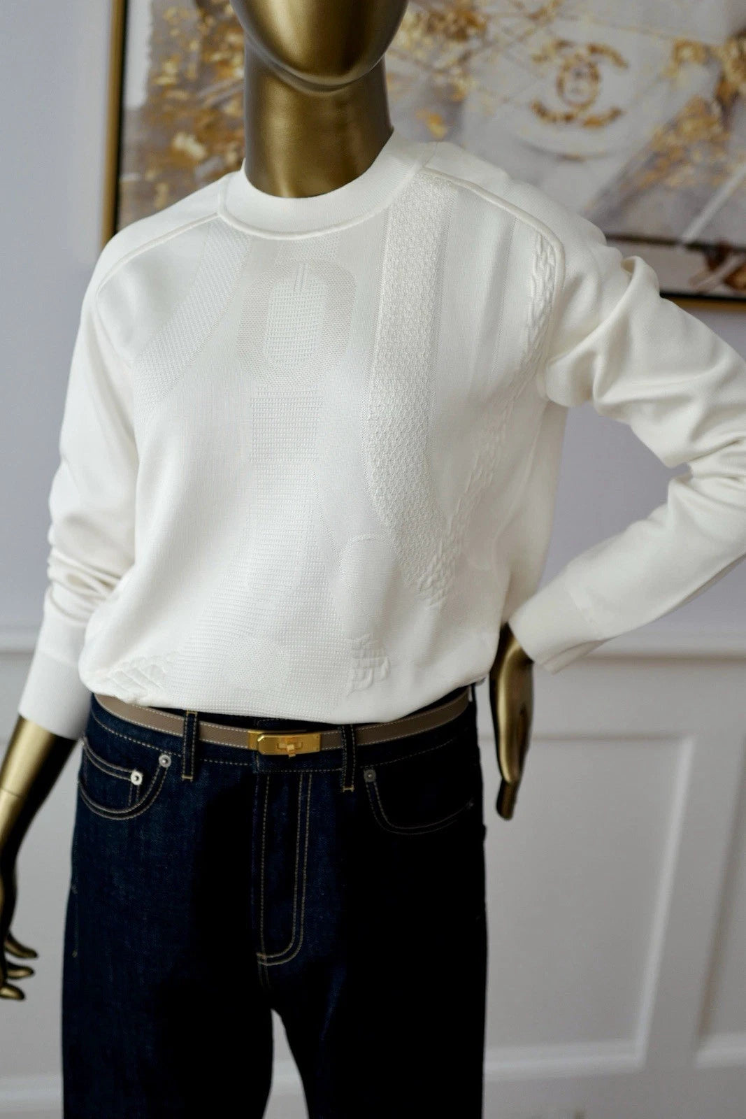 NEW Hermès "Coaching" Long-Sleeve Sweater in Blanc Casse - Size 38