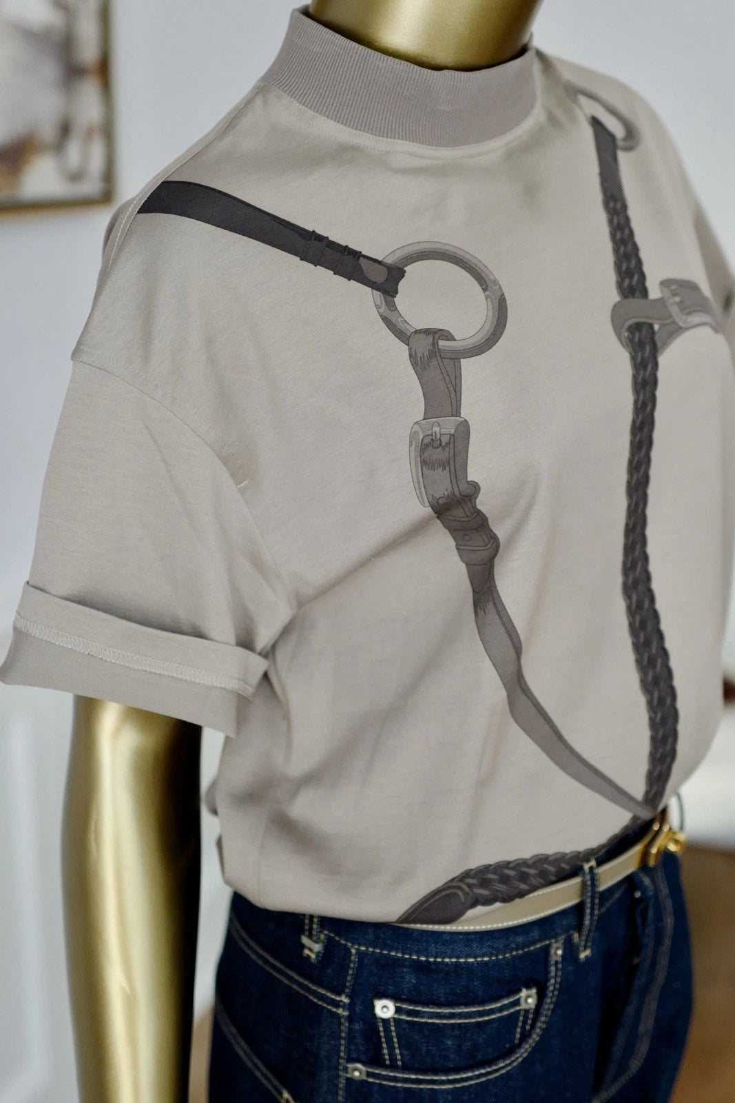 NEW Hermès "Coaching Remix" Boxy-fit T-shirt brun fumé - Size 36