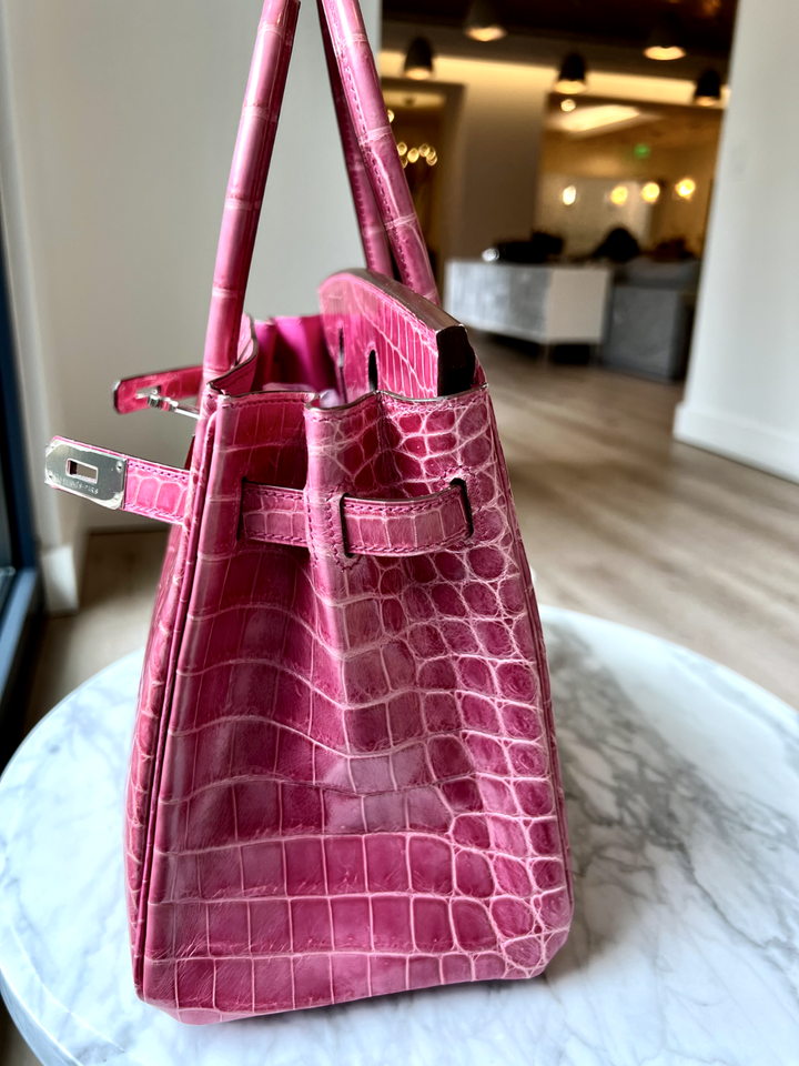 Hermes Birkin 30 Rose Pink Tyrien Shiny Niloticus P Stamp 2012 PHW Complete
