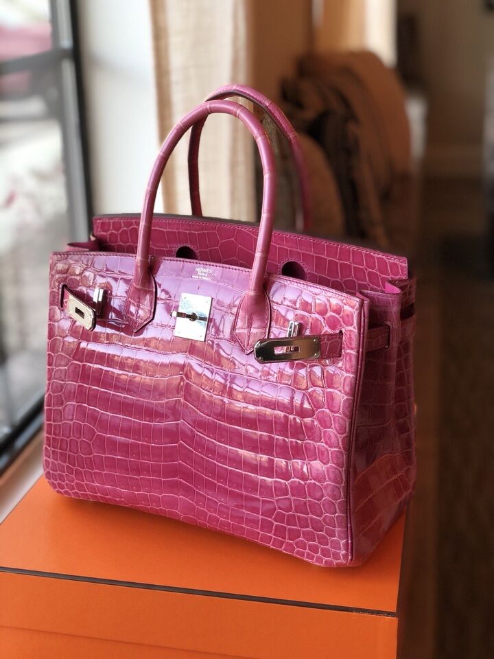 Hermes Birkin 30 Rose Pink Tyrien Shiny Niloticus P Stamp 2012 PHW Complete