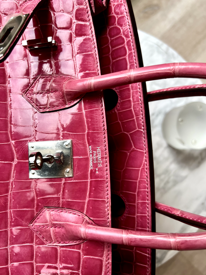 Hermes Birkin 30 Rose Pink Tyrien Shiny Niloticus P Stamp 2012 PHW Complete