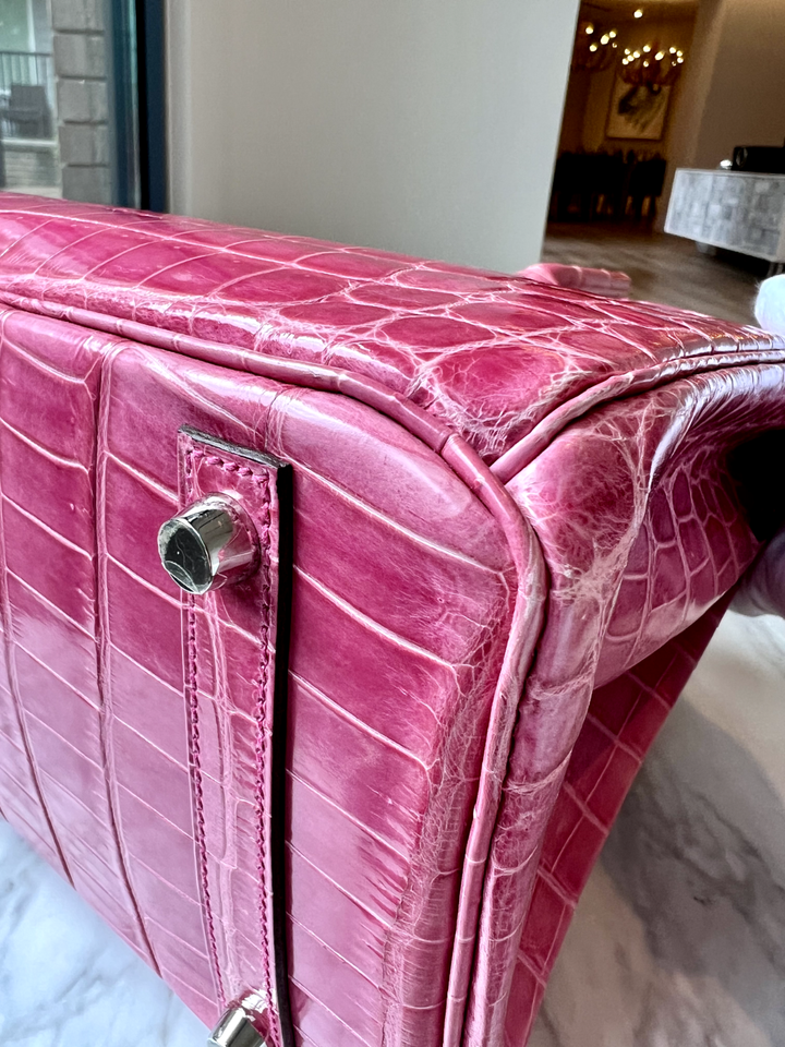 Hermes Birkin 30 Rose Pink Tyrien Shiny Niloticus P Stamp 2012 PHW Complete