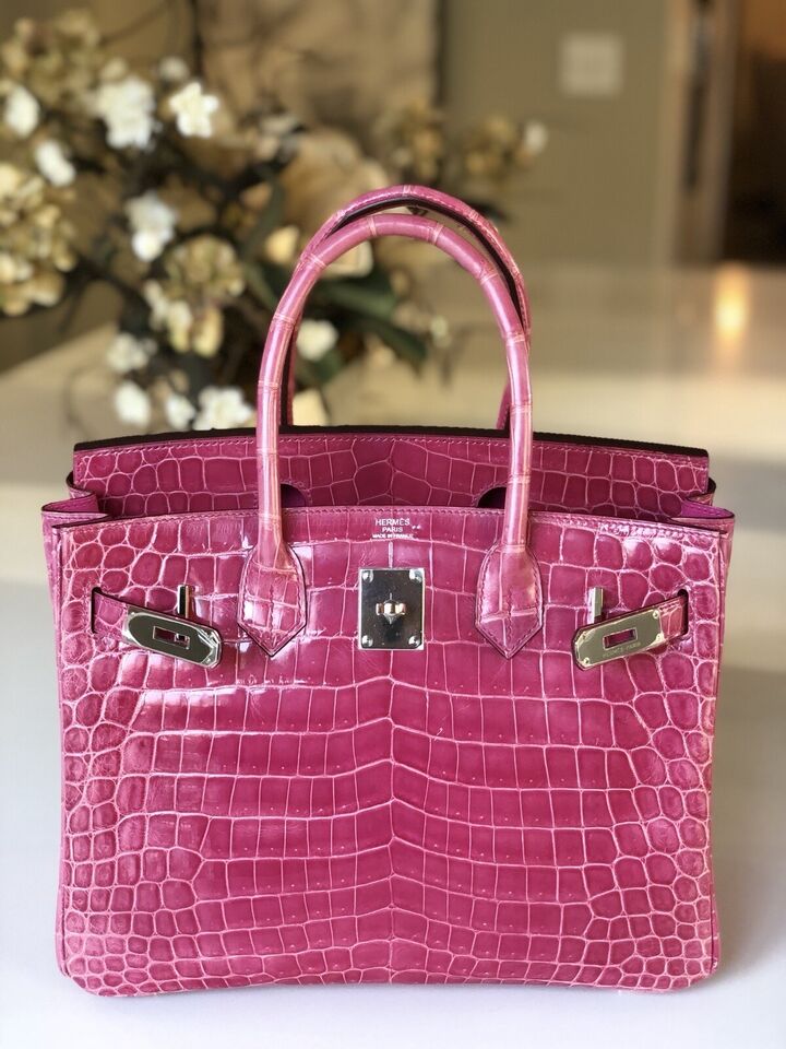 Hermes Birkin 30 Rose Pink Tyrien Shiny Niloticus P Stamp 2012 PHW Complete