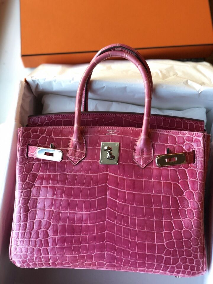 Hermes Birkin 30 Rose Pink Tyrien Shiny Niloticus P Stamp 2012 PHW Complete