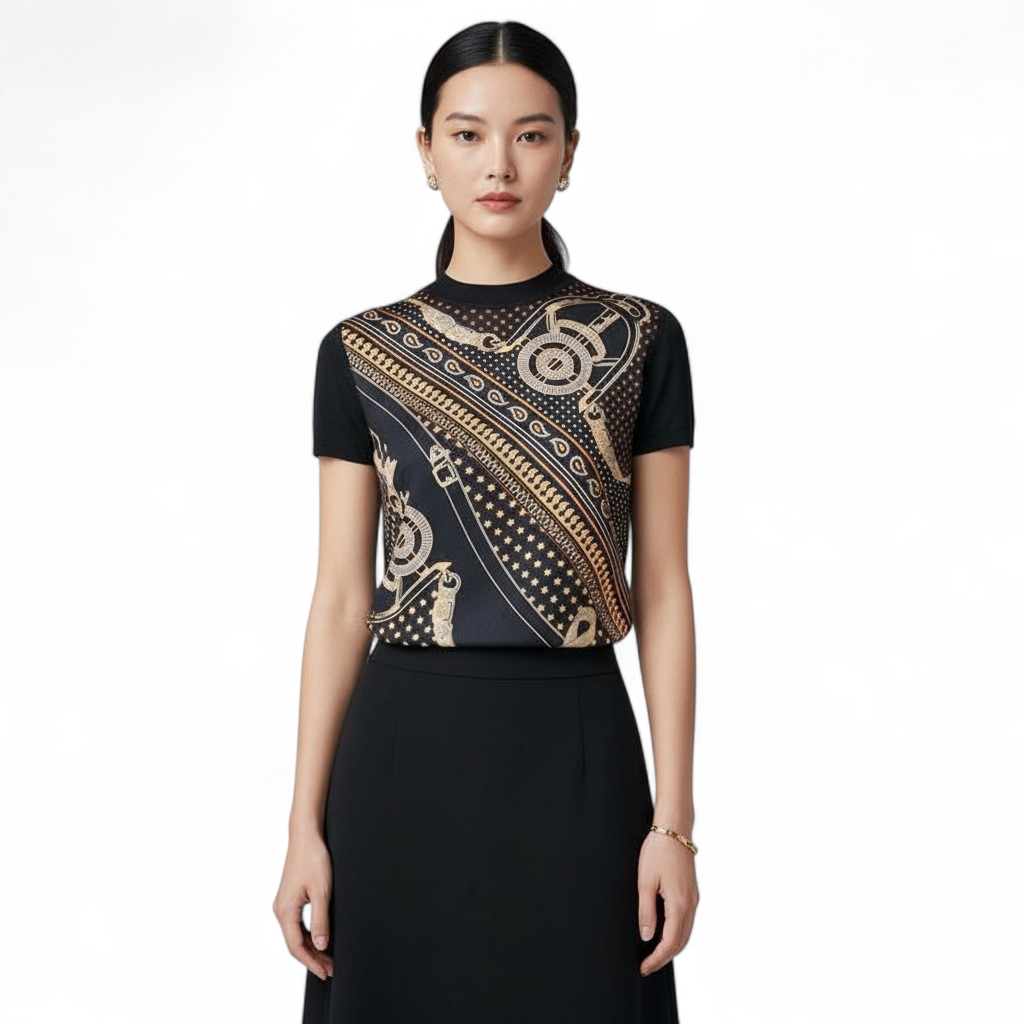 NEW Hermes Eperon D'or Bandana Short-sleeve Twillaine Pullover Noir Bl