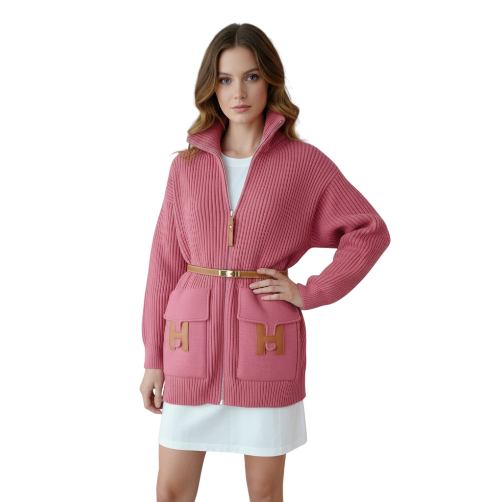NEW Hermès Blouson Cardigan Jacket Rose Sorbet Wool with H Pockets Size 36