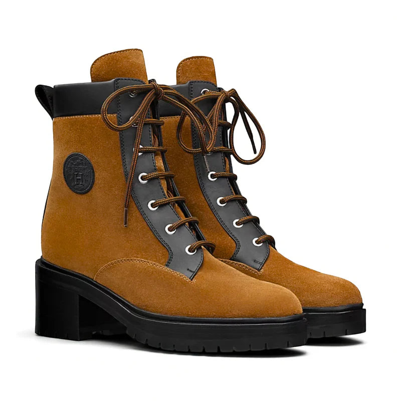 Hermes Bridge Suede Combat Boots Size 37.5 In Brown Over $1800 Retail