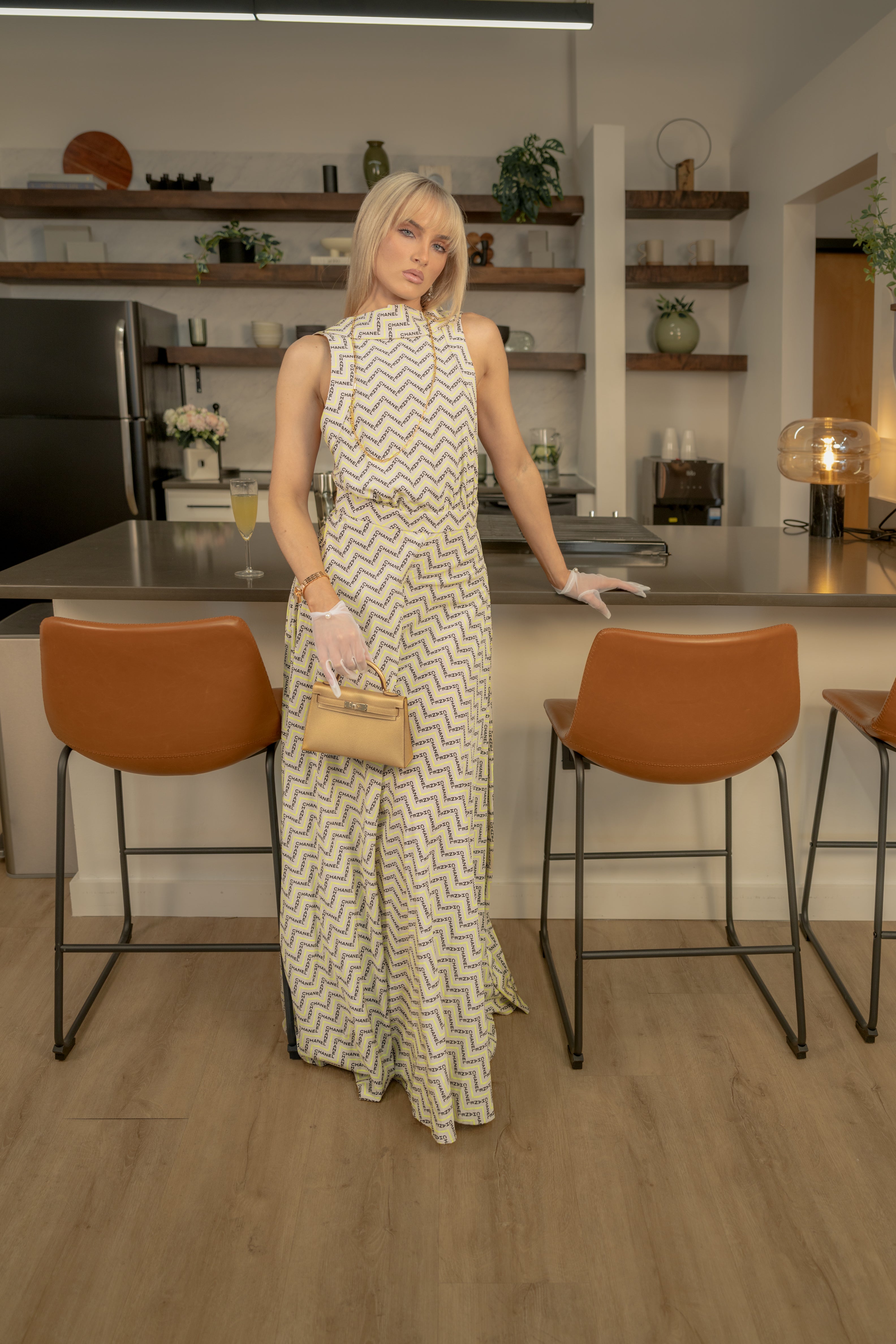 NEW Chanel 24K Jumpsuit Dress Printed Crepe de Chine in Beige, Yellow & Black Size 36