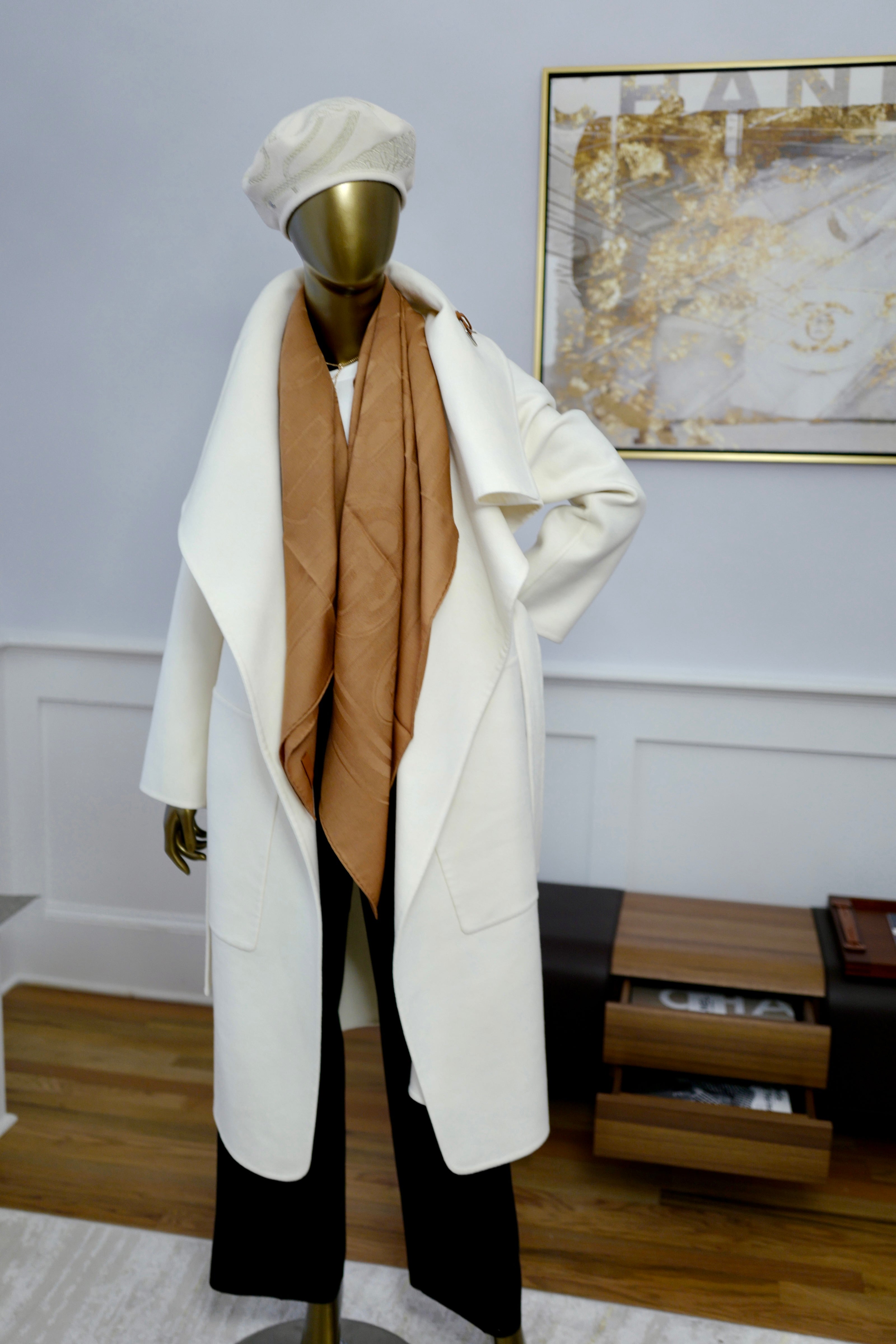 New Hermes Long Coat Manteau Inspiration Double Cashmere with Leather Strap in Blanc Couverture 34