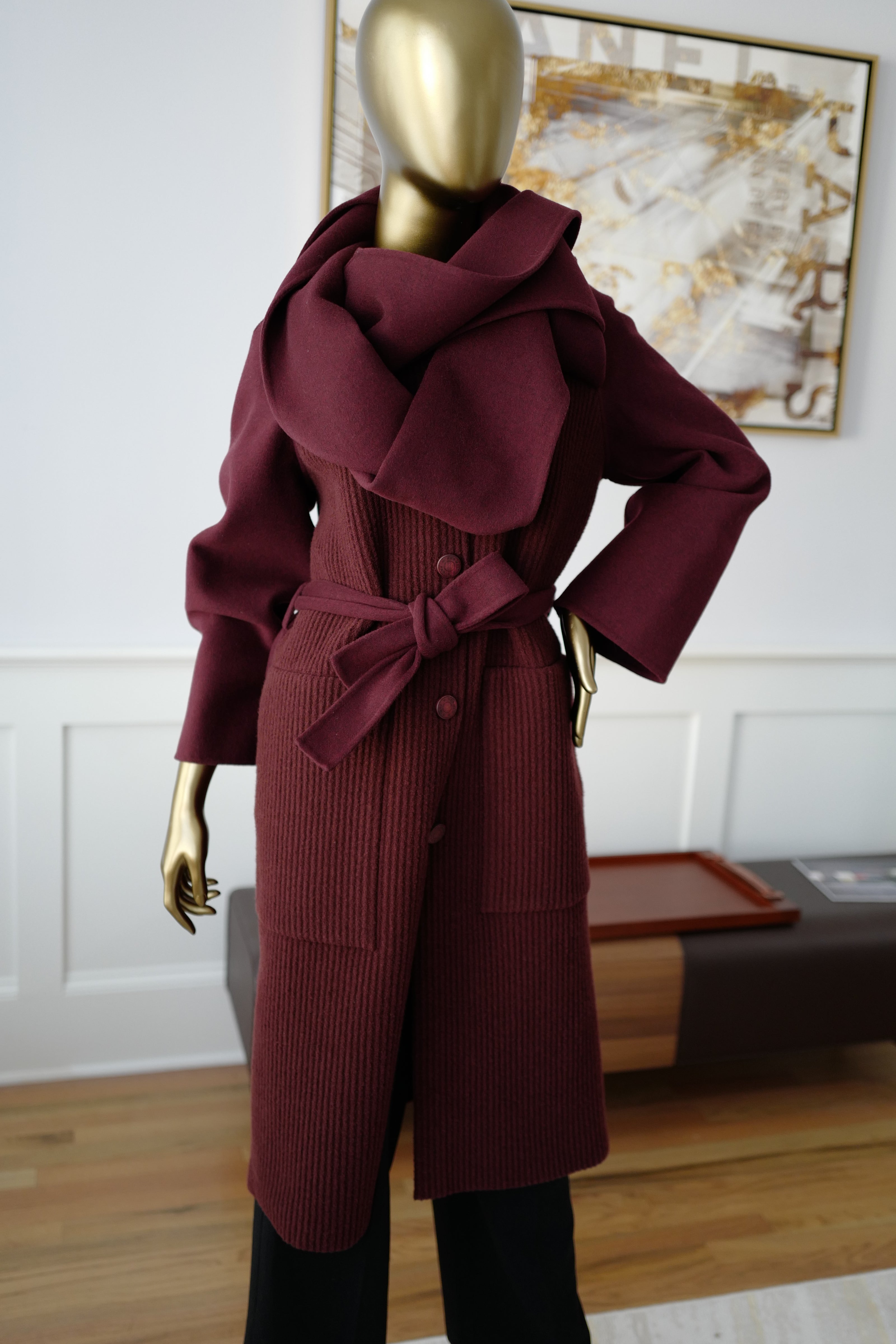 NEW Hermes Hooded Coat With Mesh Detail Runway FW23/34 Rouge Amarante 34 $10K