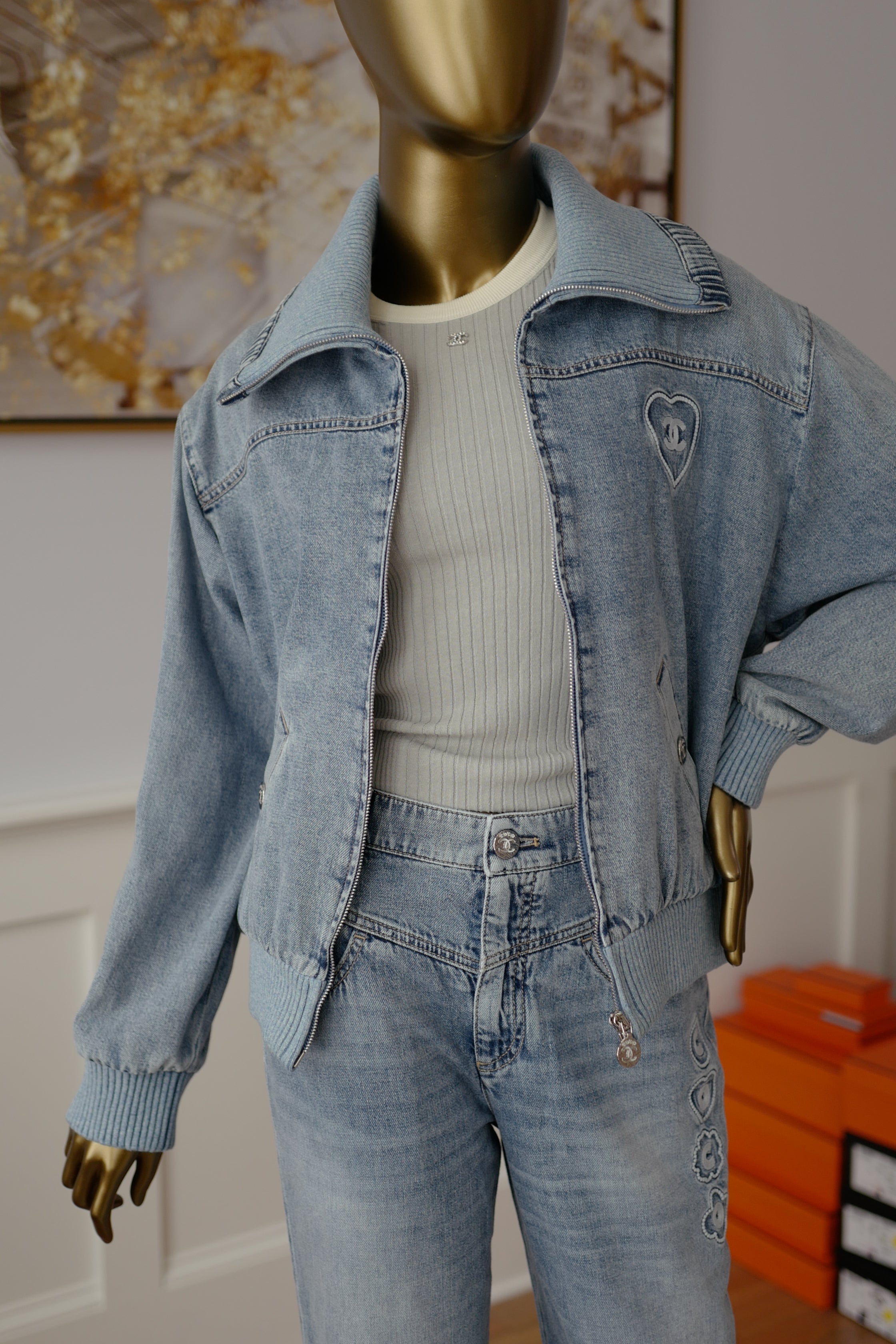Chanel Coco Beach 2025 Collection Embroidered Denim Jacket Blue size 36