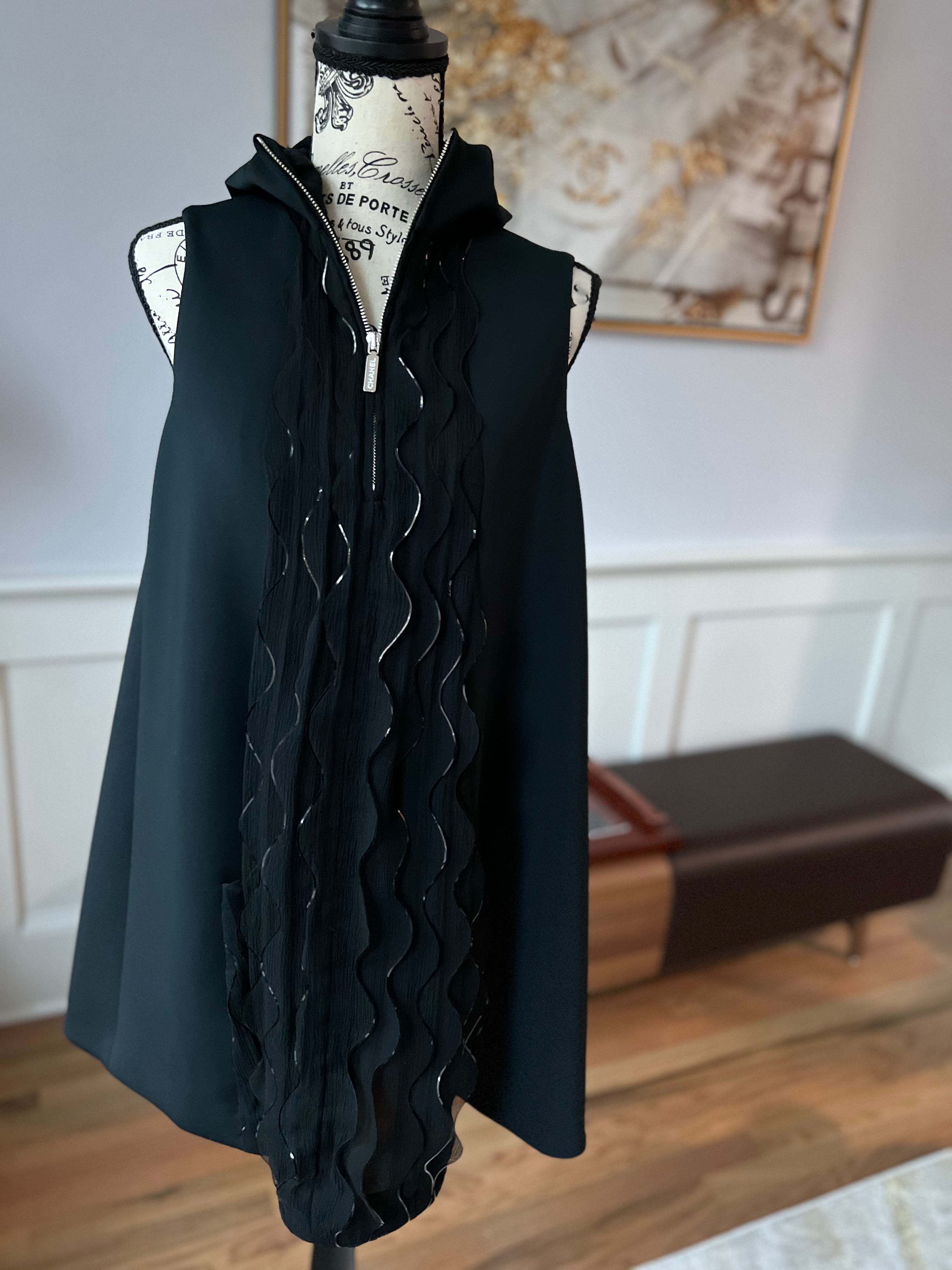 NEW Chanel 25S Dress in Black Shimmery Pleated with Hoodie size 36